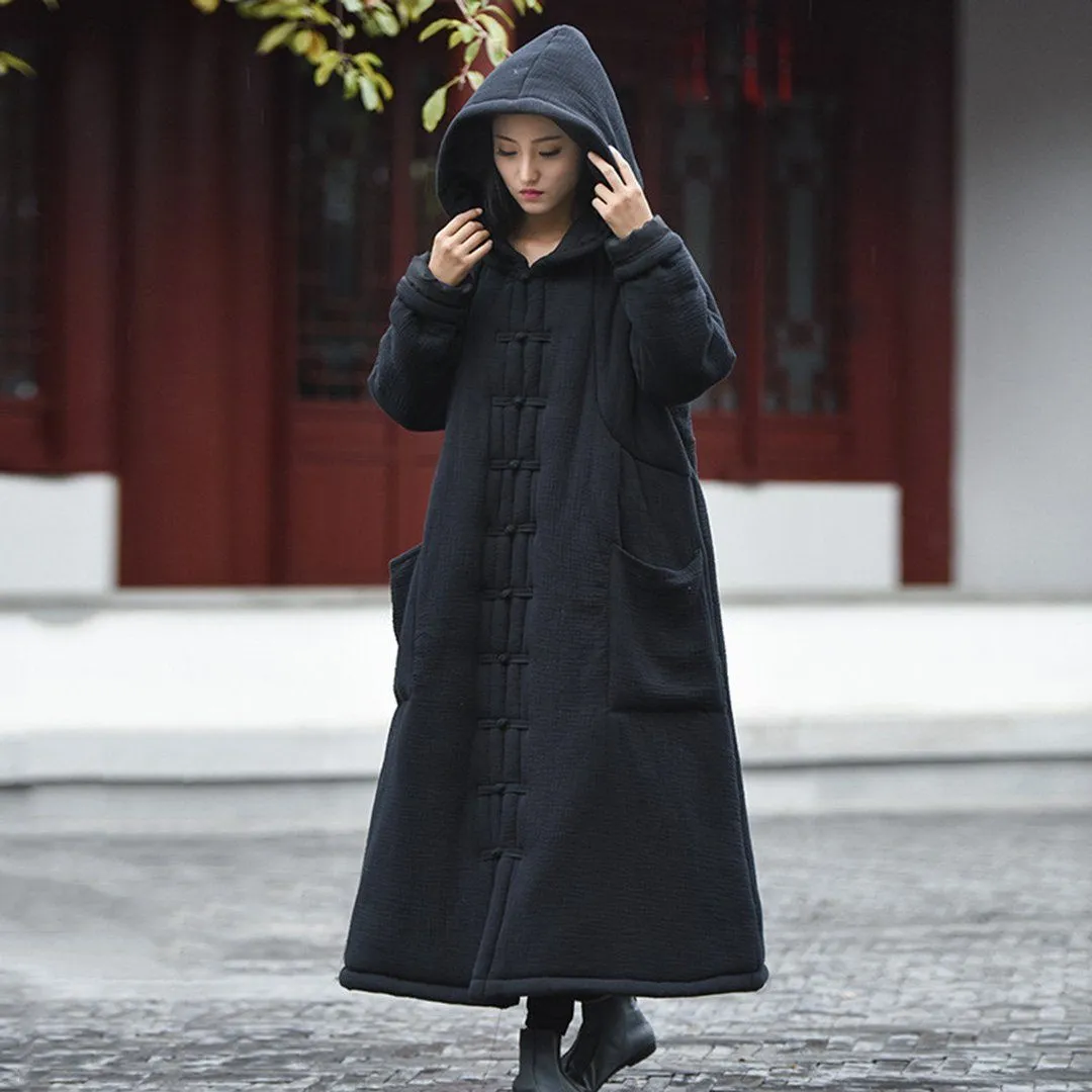 Solid Retro Hooded Quilted Long Coat