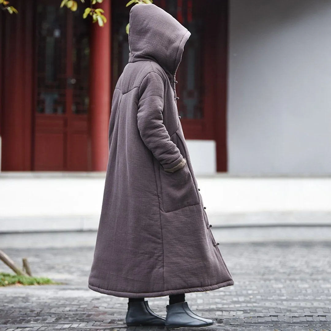 Solid Retro Hooded Quilted Long Coat