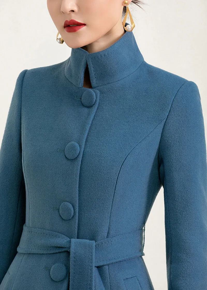 Stand Collar Fit & Flare Wool Blend Coat