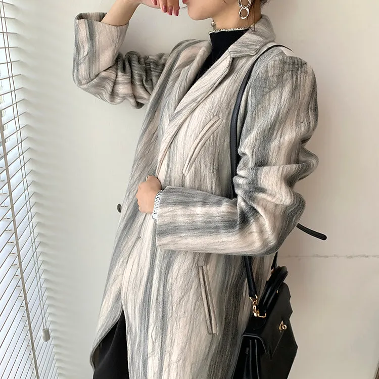 Striped Double Breasted Long Wool Coat