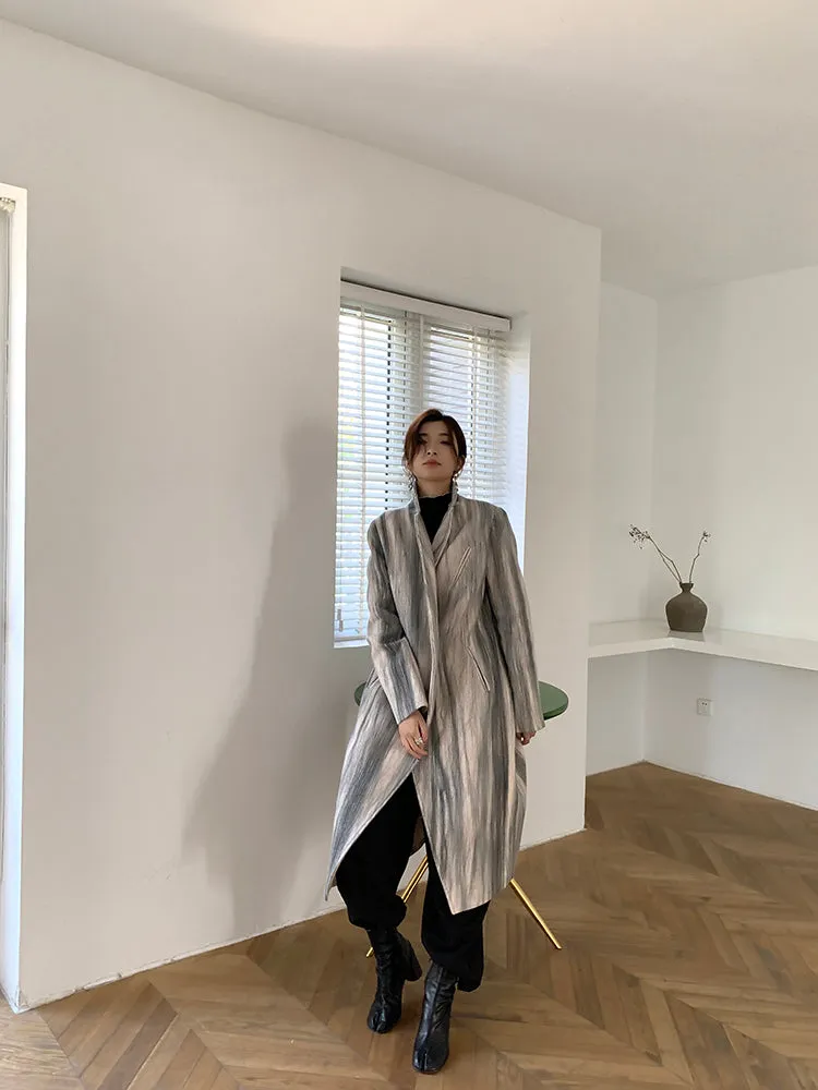 Striped Double Breasted Long Wool Coat