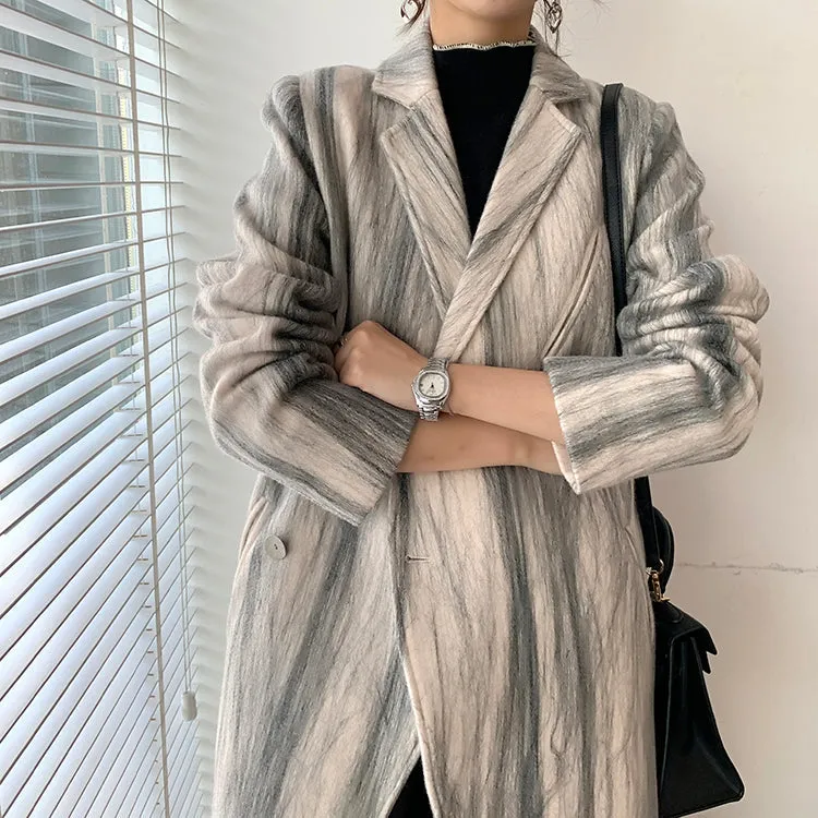 Striped Double Breasted Long Wool Coat