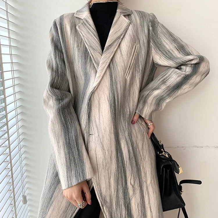 Striped Double Breasted Long Wool Coat