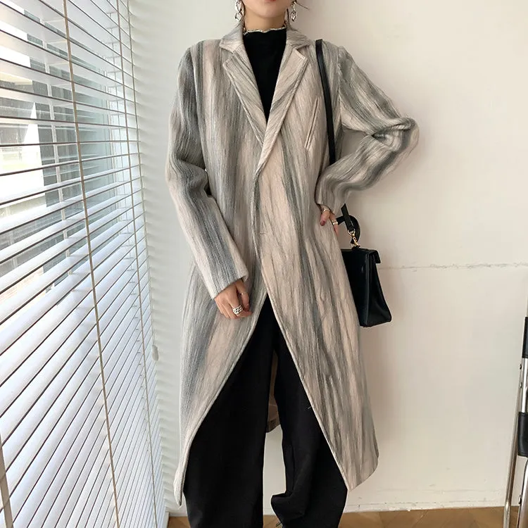 Striped Double Breasted Long Wool Coat