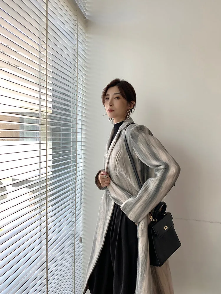 Striped Double Breasted Long Wool Coat