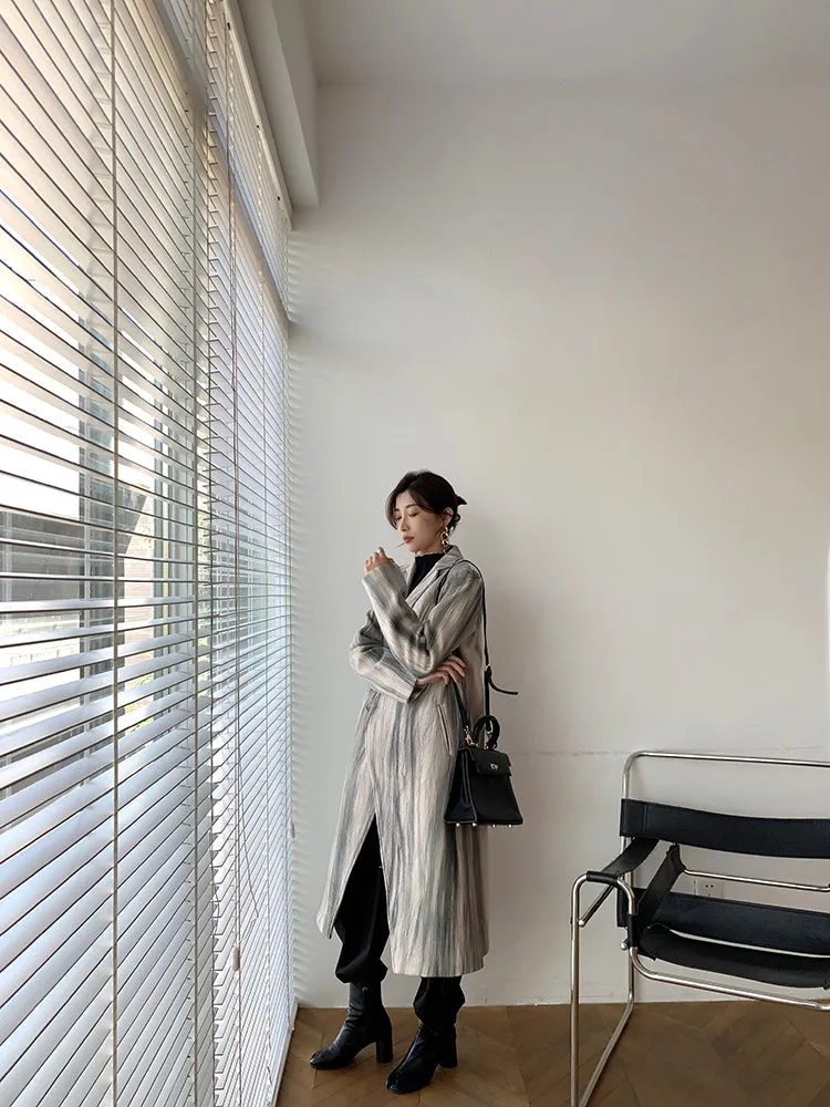 Striped Double Breasted Long Wool Coat