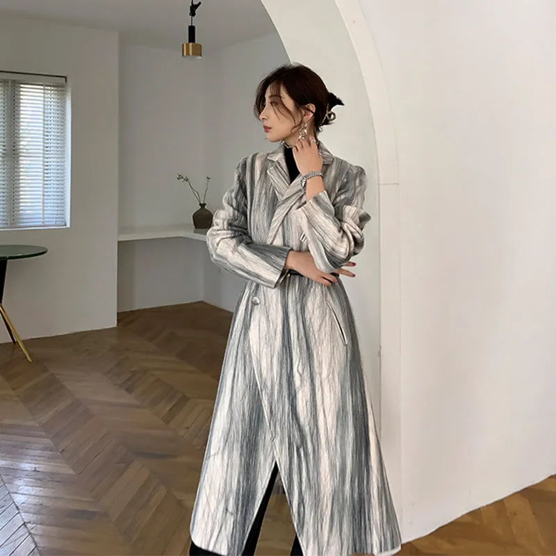 Striped Double Breasted Long Wool Coat