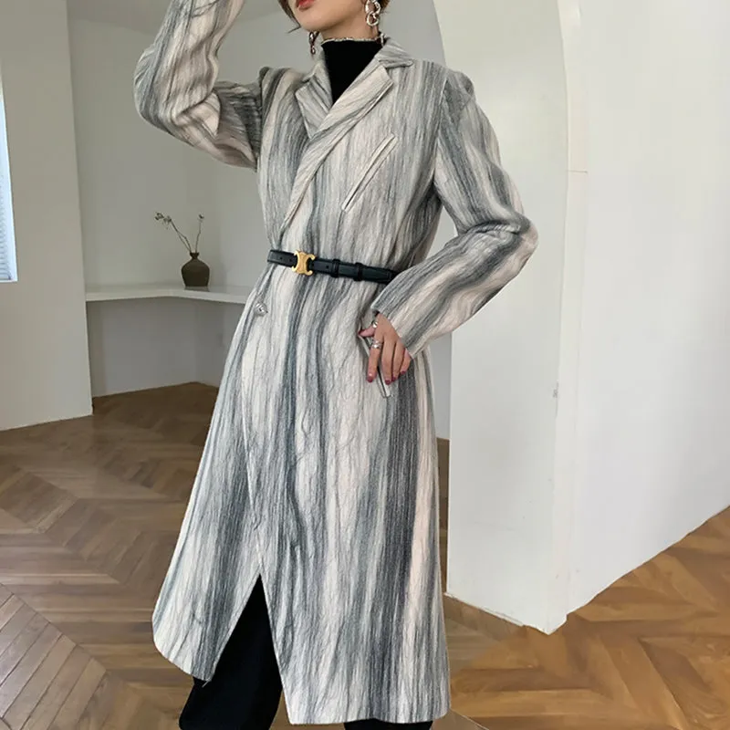 Striped Double Breasted Long Wool Coat