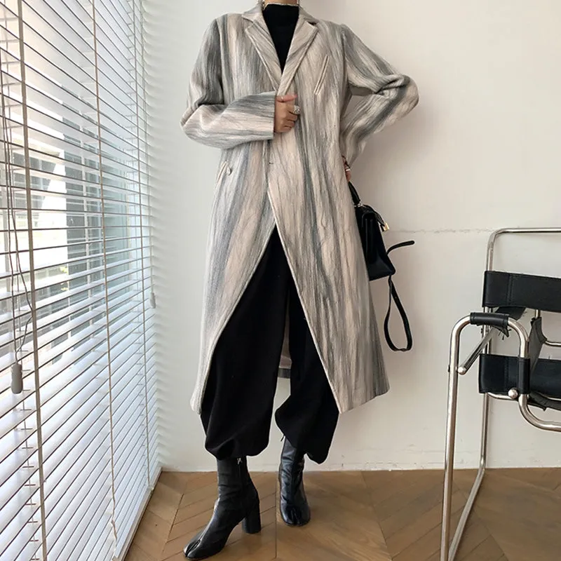 Striped Double Breasted Long Wool Coat