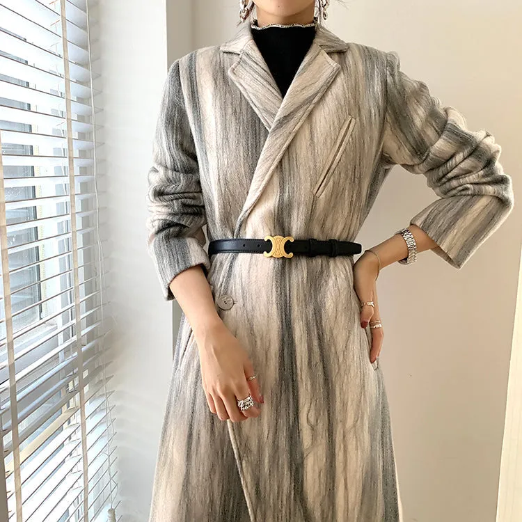 Striped Double Breasted Long Wool Coat