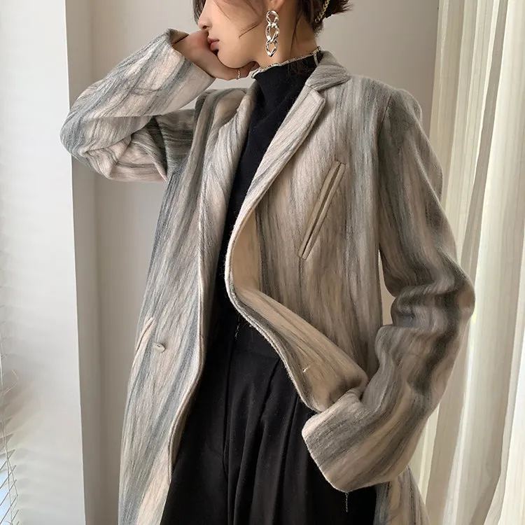 Striped Double Breasted Long Wool Coat