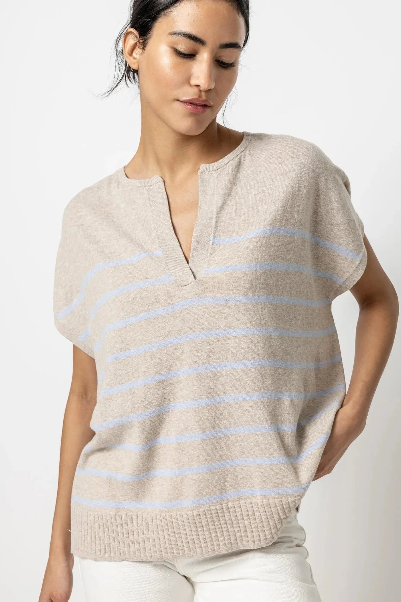 Striped Split Neck Tunic Sweater