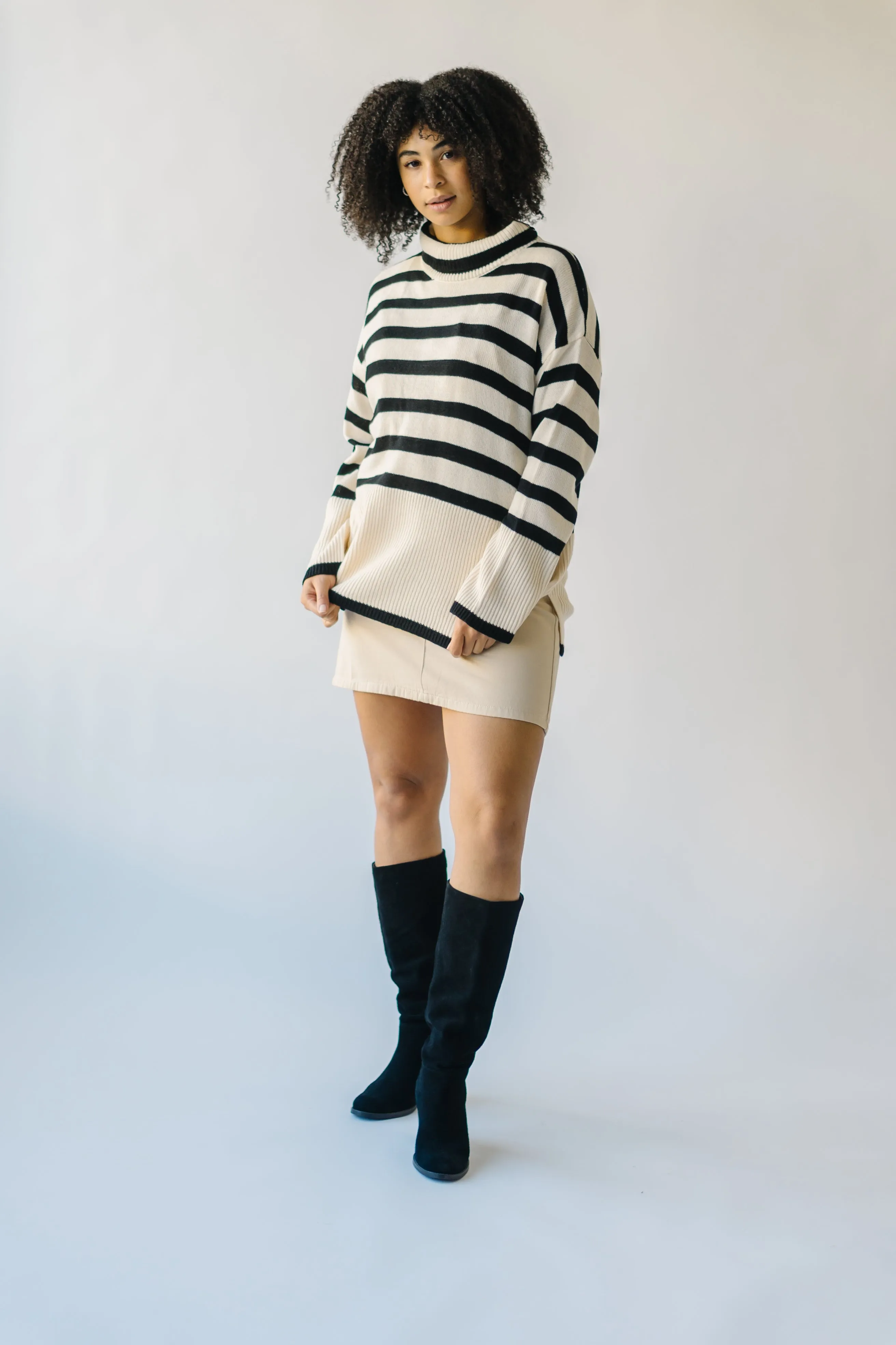 The Bryson Striped Turtleneck Sweater in Cream   Black