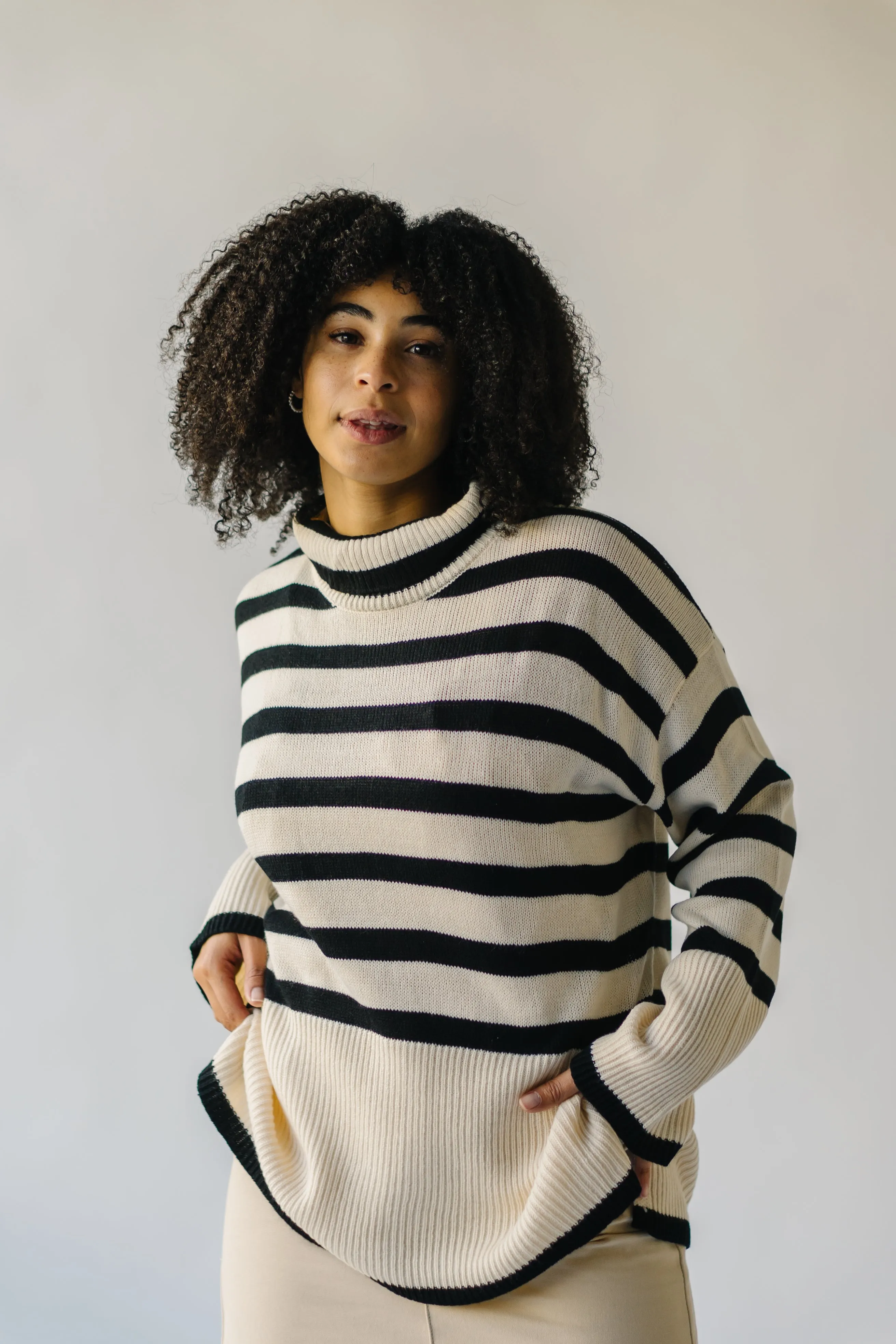 The Bryson Striped Turtleneck Sweater in Cream   Black