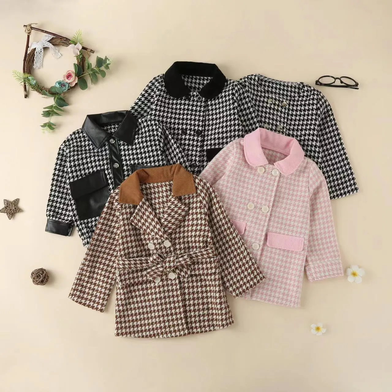 Toddler Kids Girls Bird Check Small Lapel Coat