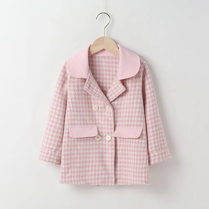 Toddler Kids Girls Bird Check Small Lapel Coat