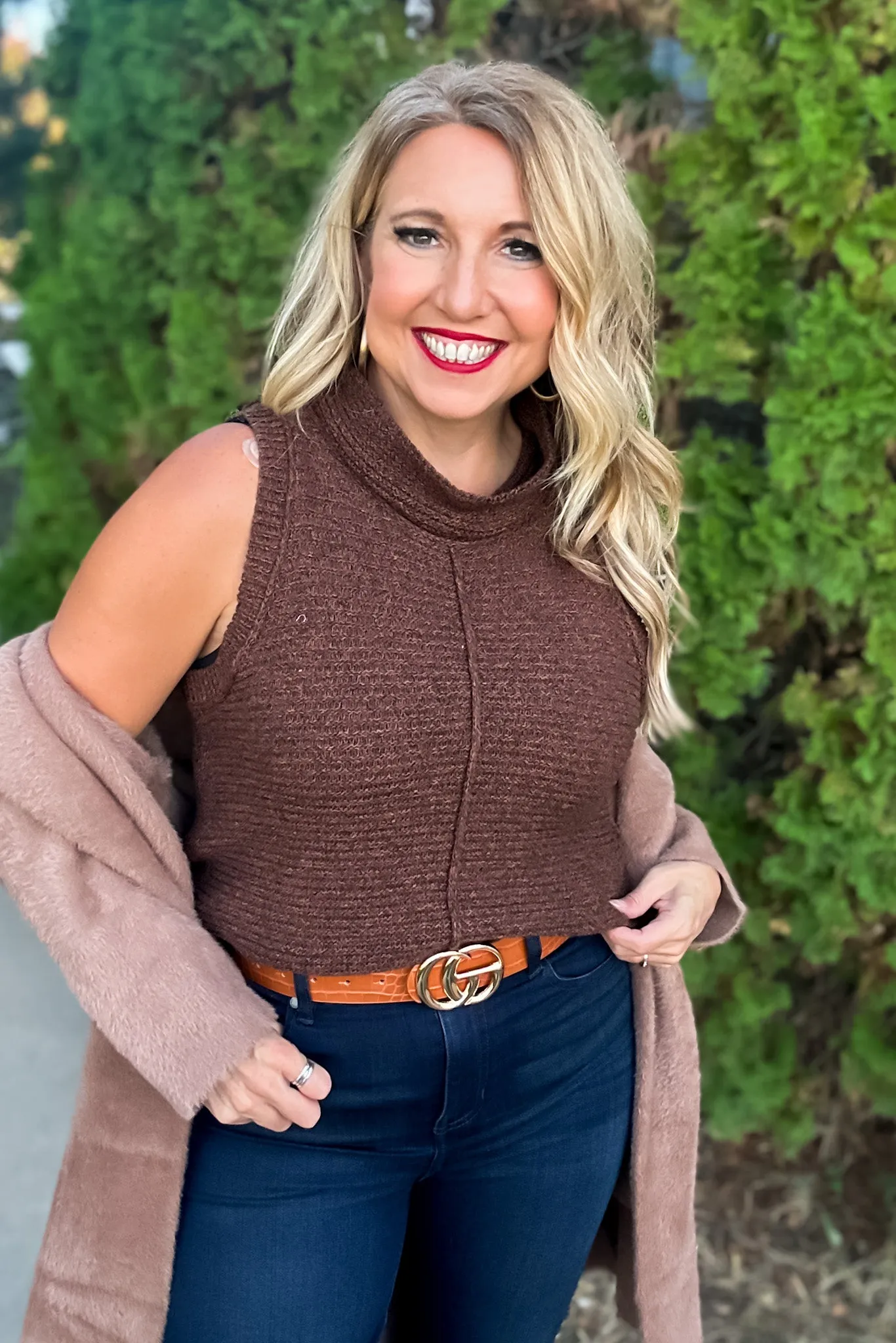 Tribal Sedona Sleeveless Ribbed Turtleneck Sweater : Mocha