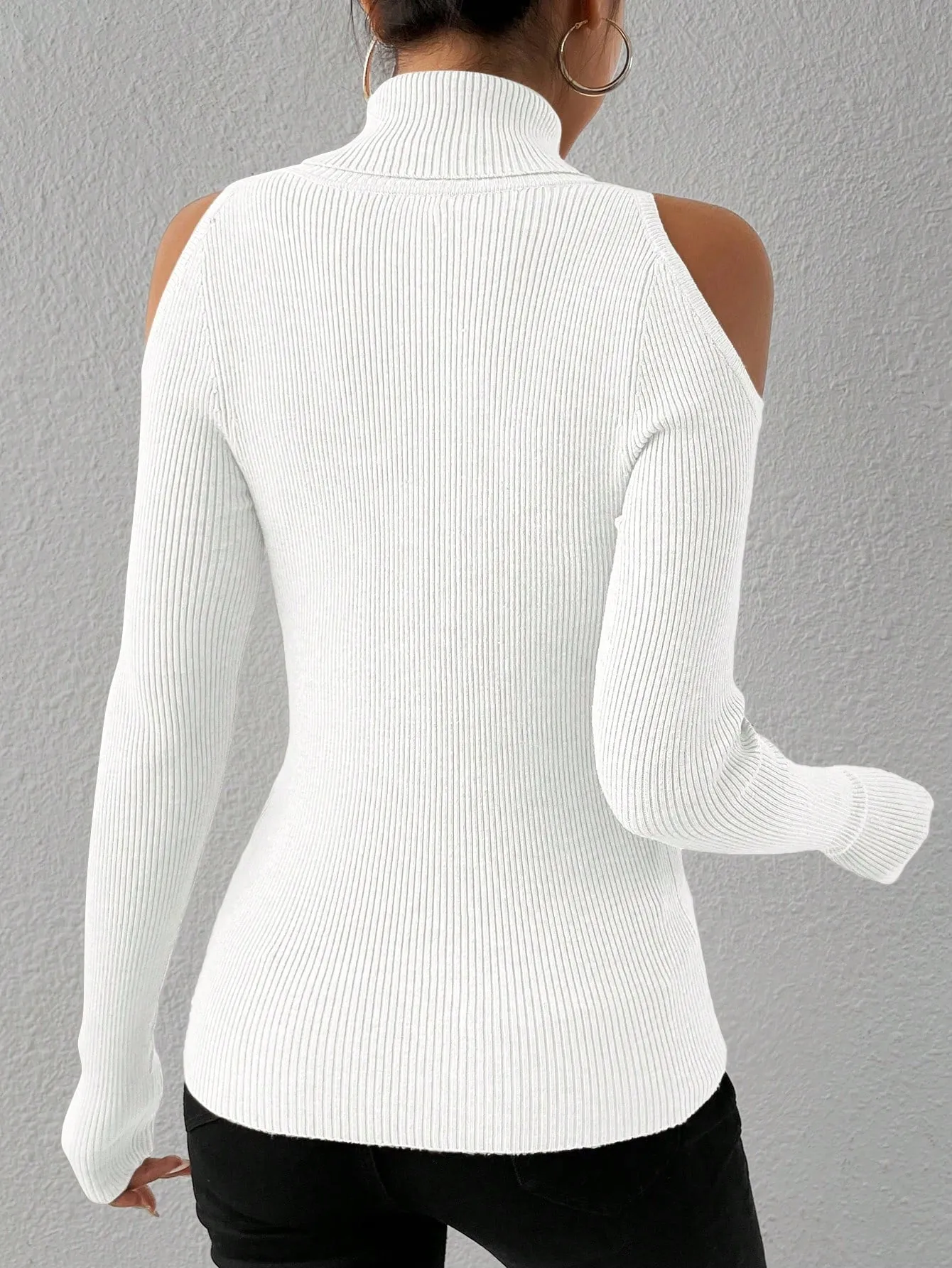 Turtleneck Cold Shoulder Ribbed Knit Sweater