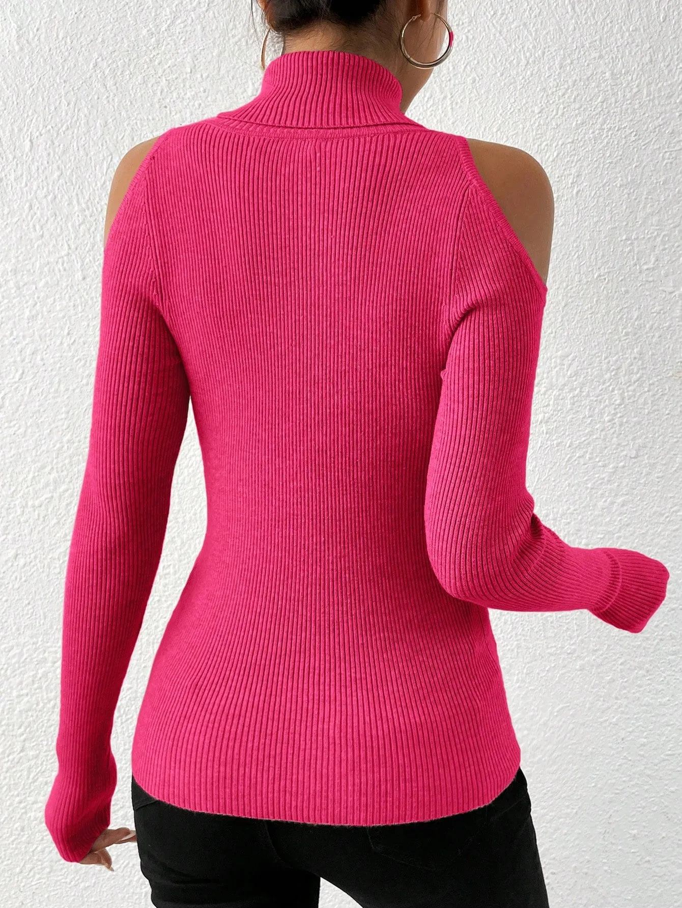 Turtleneck Cold Shoulder Ribbed Knit Sweater