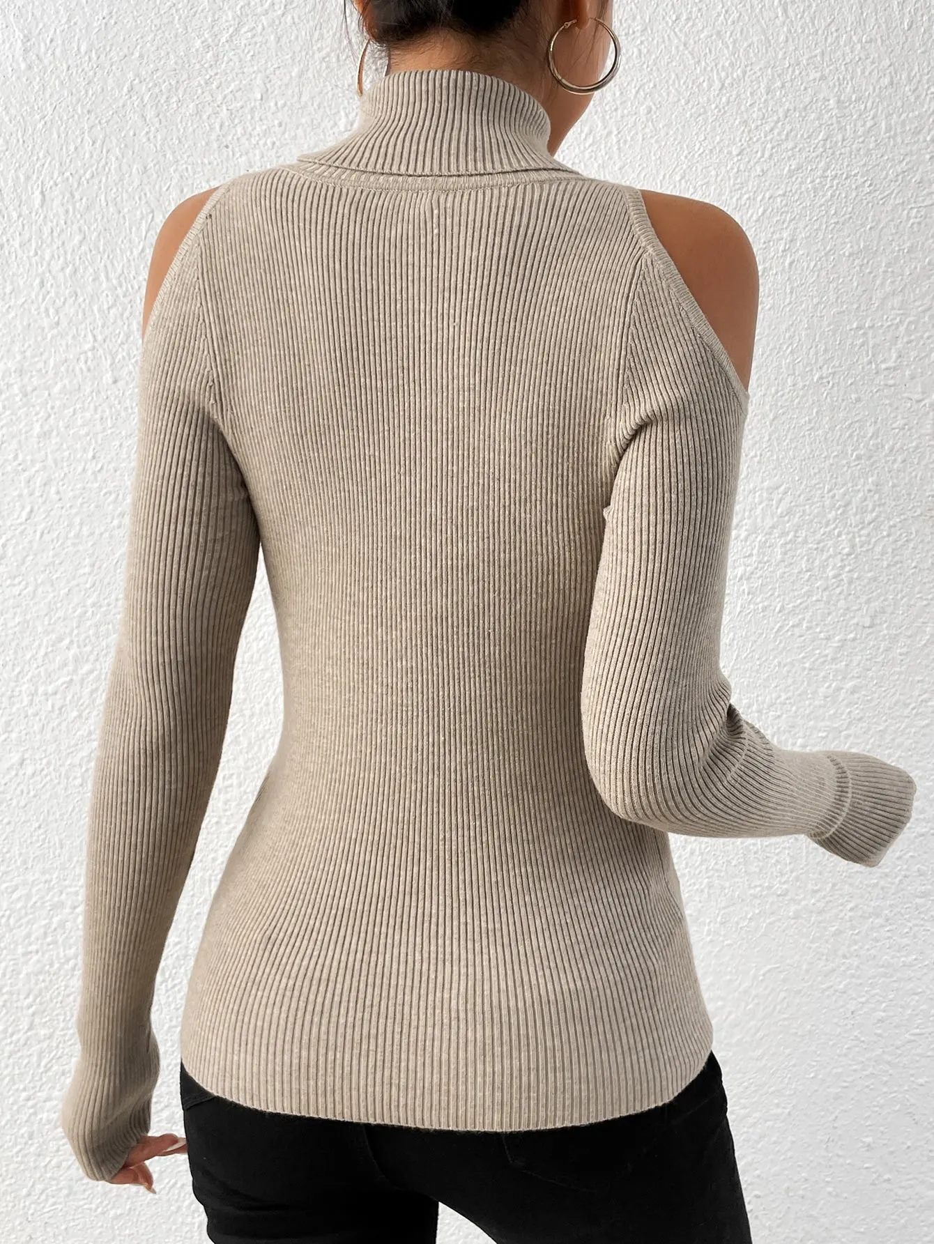 Turtleneck Cold Shoulder Ribbed Knit Sweater