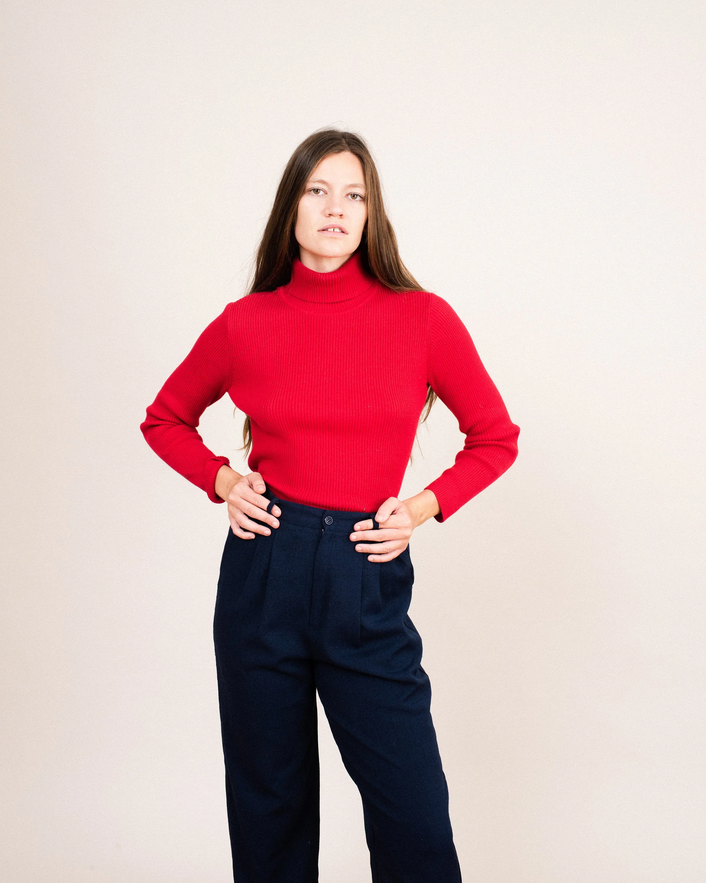 Vintage Cherry Red Rib Knit Turtleneck Sweater (S/M)