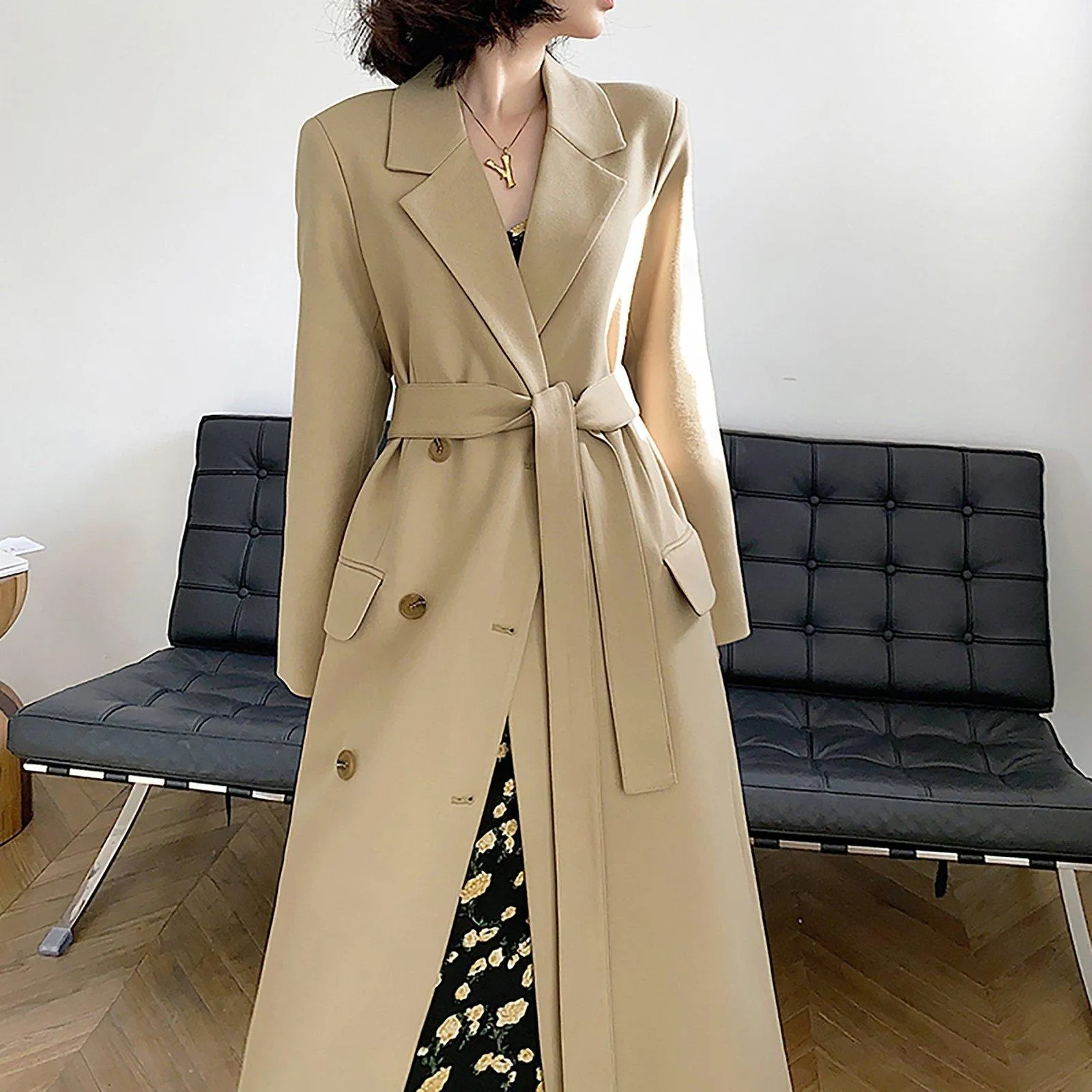 Women's Classic Khaki Cotton Blend Trench Coat Double Breasted Long windbreaker,Office Lady Drop Belted Trench Coat,Fall Winter Long Blazer