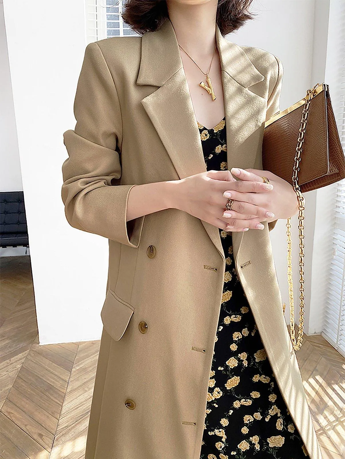 Women's Classic Khaki Cotton Blend Trench Coat Double Breasted Long windbreaker,Office Lady Drop Belted Trench Coat,Fall Winter Long Blazer