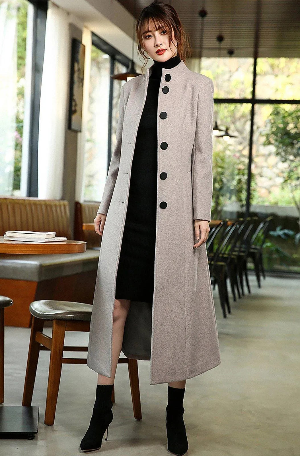 Women's Custom Gray Cashmere coat,super long over-the-knee slim Wool Coat,lace-up woolen coat,Autumn Winter coat for women,Women's Outerwear