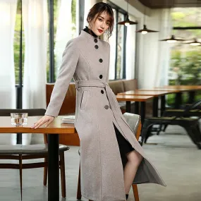 Women's Custom Gray Cashmere coat,super long over-the-knee slim Wool Coat,lace-up woolen coat,Autumn Winter coat for women,Women's Outerwear