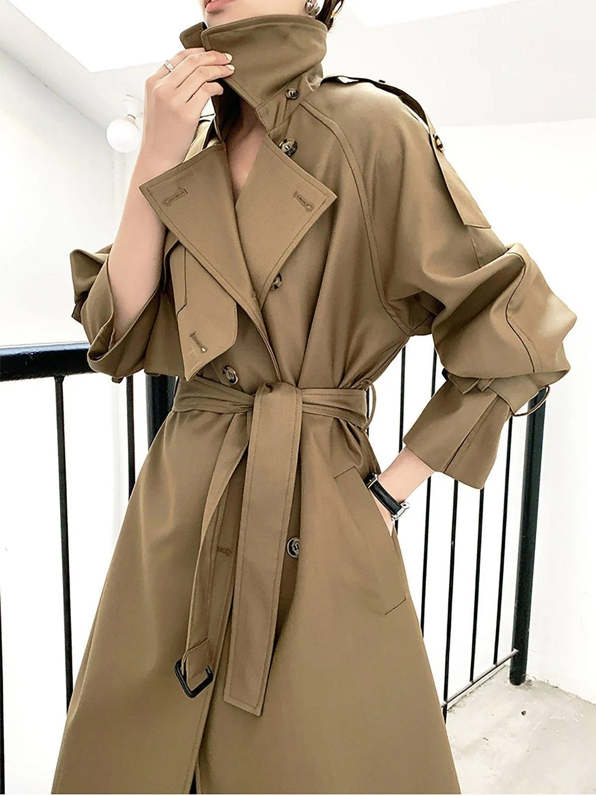 Women's Khaki long trench coat with asymmetrical pockets,Cotton Blend Wrap Trench Coat,Drop Belted Trench Windbreaker Duster Coat Outerwear