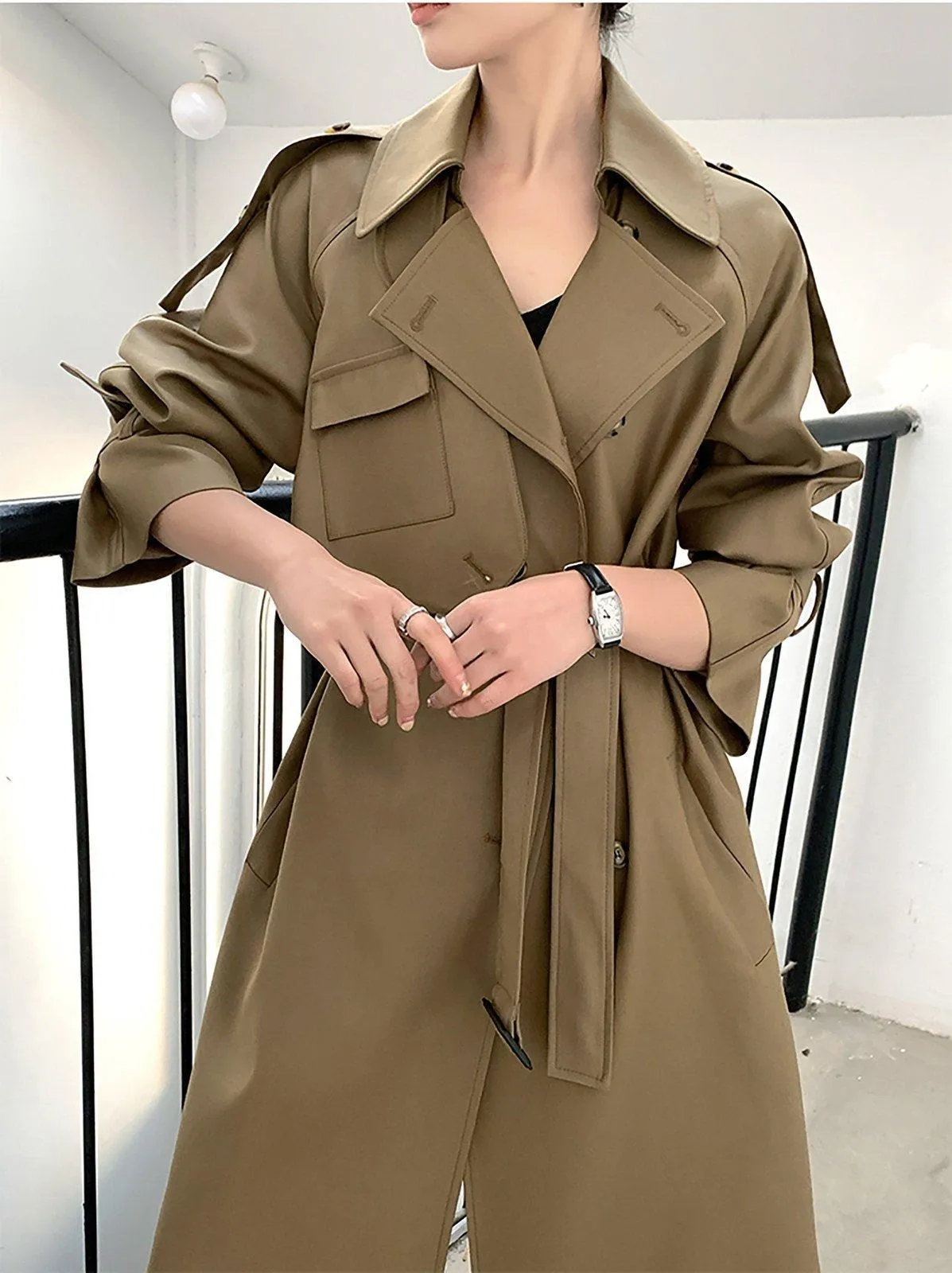 Women's Khaki long trench coat with asymmetrical pockets,Cotton Blend Wrap Trench Coat,Drop Belted Trench Windbreaker Duster Coat Outerwear