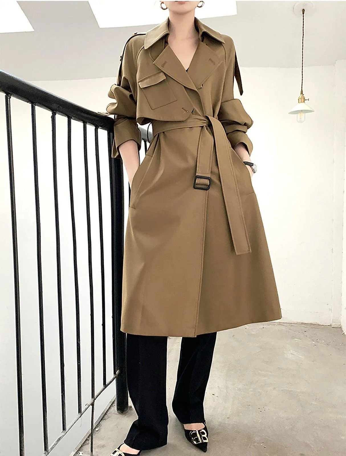 Women's Khaki long trench coat with asymmetrical pockets,Cotton Blend Wrap Trench Coat,Drop Belted Trench Windbreaker Duster Coat Outerwear