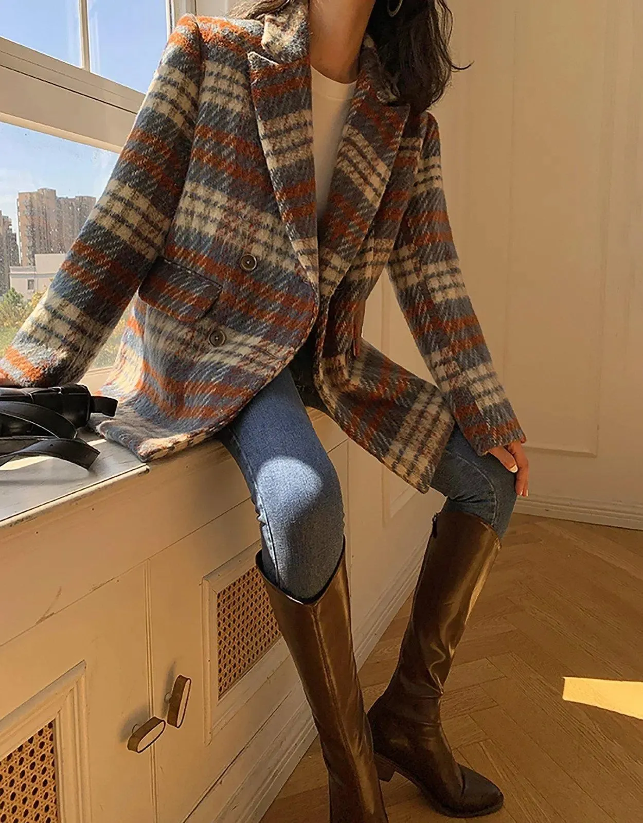 Women's Plaid Wool Blazer,Wool suit,Fall jacket,Oversize Wool coat,Winter wool Suit coat,Wool Trench Coat,checkered blazer coat,Vivian7 B109