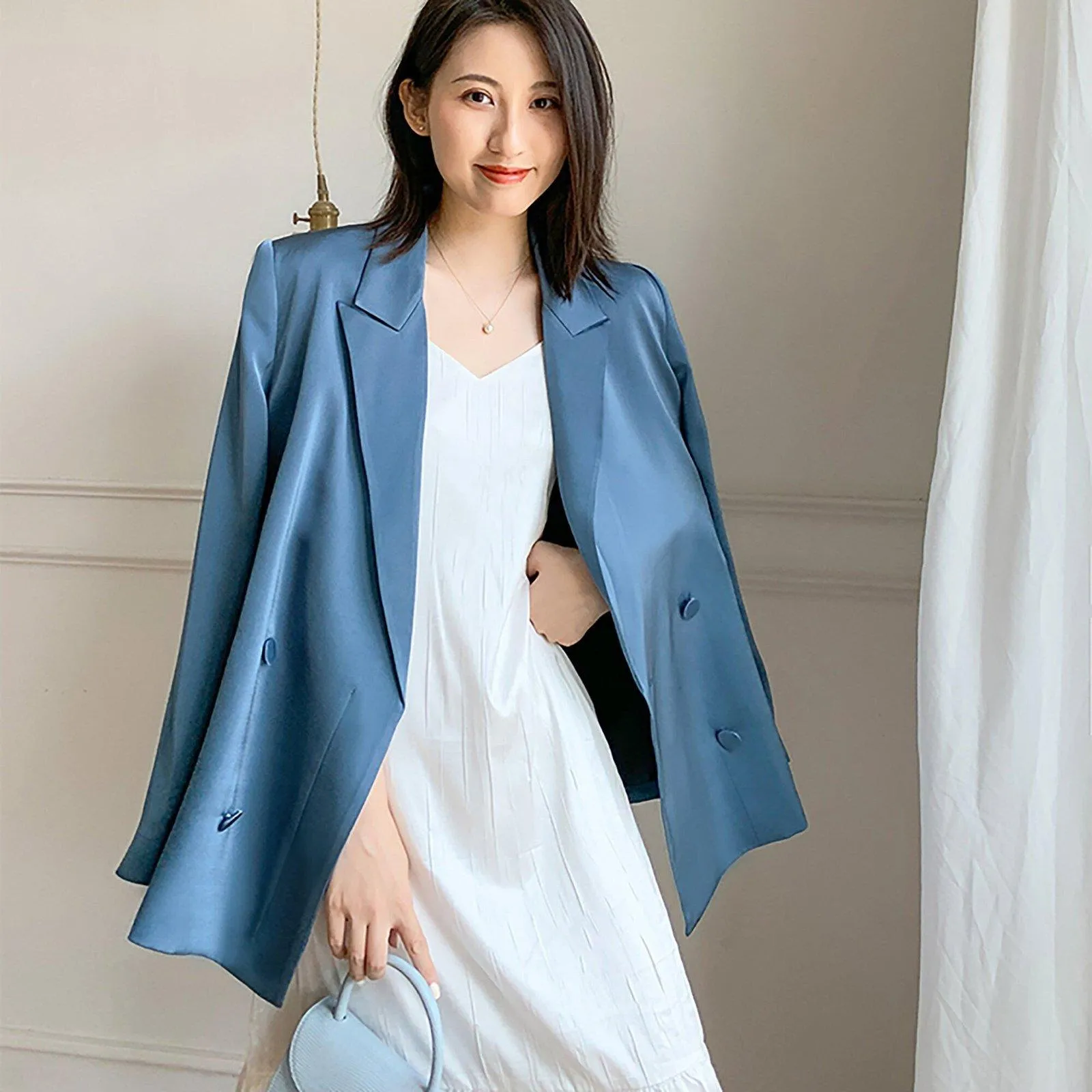 Women's Satin Blazer Coat,Blue Satin Blazer Suit,Oversize Blazer Suit,Gray Satin Blazer Suit,Casual Blazer Coat,Wedding guest Suit women