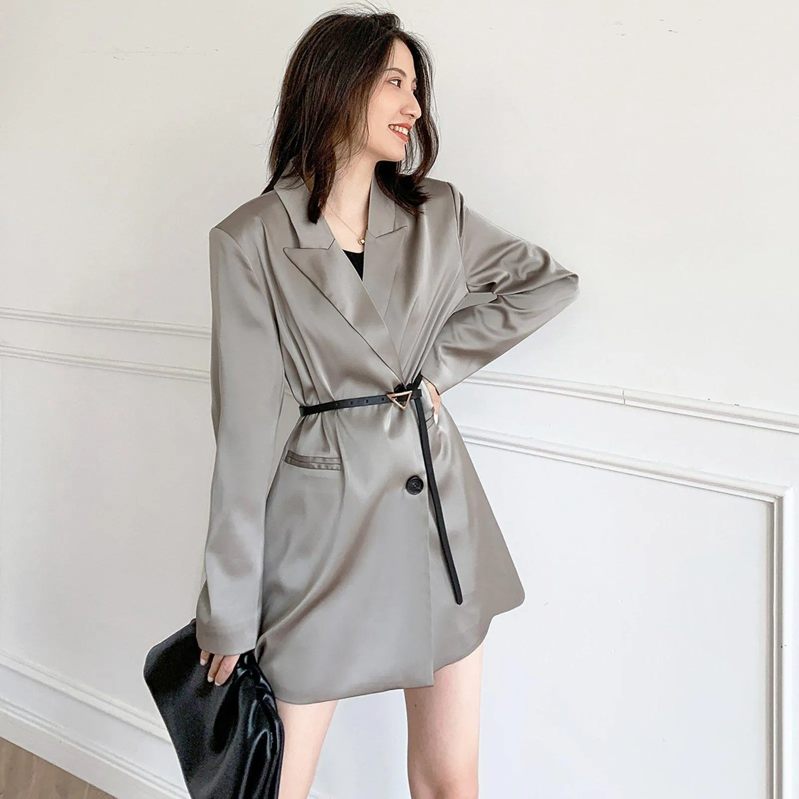 Women's Satin Blazer Coat,Blue Satin Blazer Suit,Oversize Blazer Suit,Gray Satin Blazer Suit,Casual Blazer Coat,Wedding guest Suit women