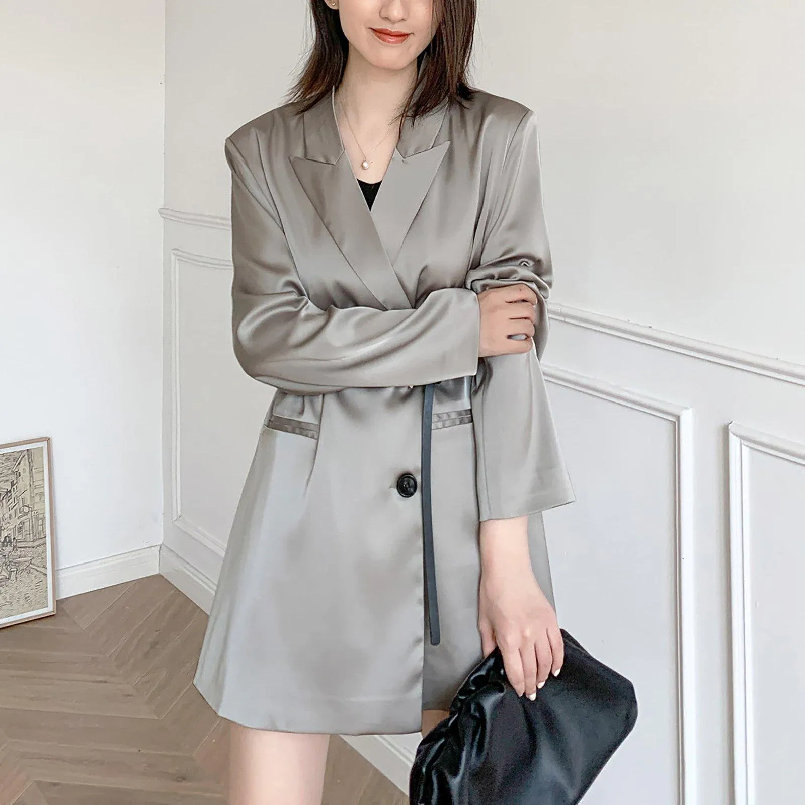 Women's Satin Blazer Coat,Blue Satin Blazer Suit,Oversize Blazer Suit,Gray Satin Blazer Suit,Casual Blazer Coat,Wedding guest Suit women