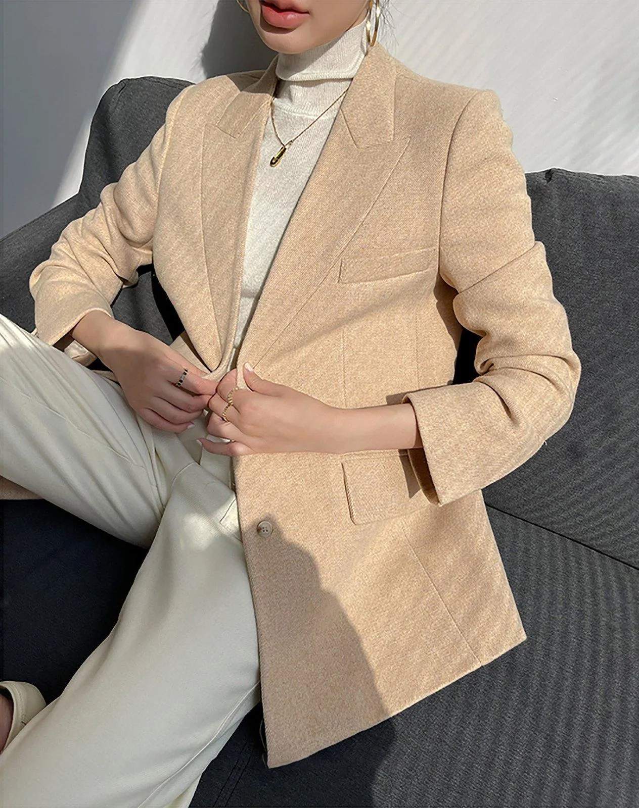 Women's Wheat Wool Blazer Coat,V Neck Wool Suit,Warm Wool Coat,Autumn Blazer Jacket,Oversize Woolen Suit,Office lady Wool Blazer Suit Coat