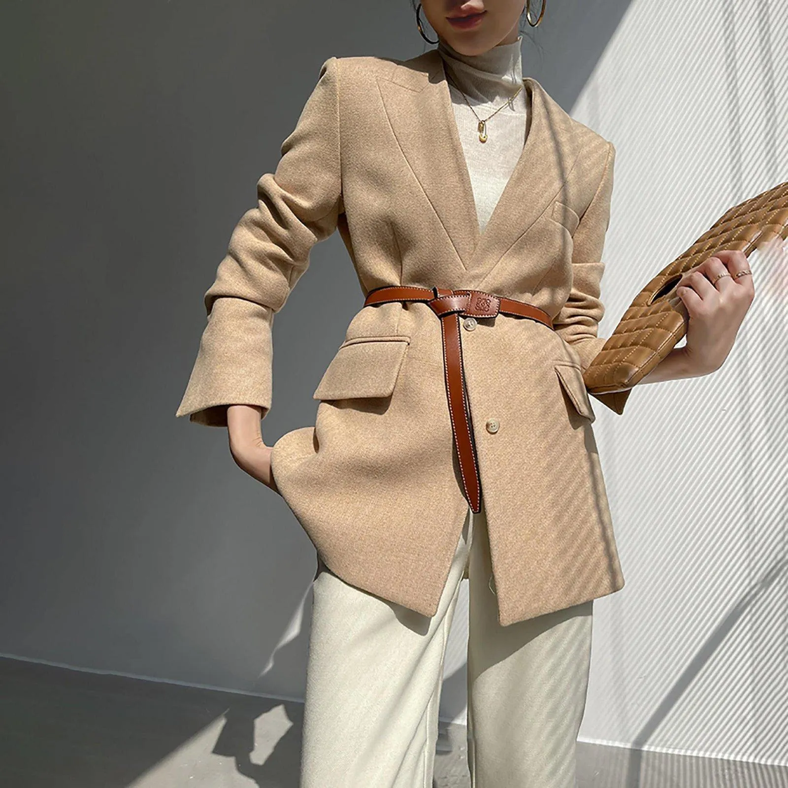 Women's Wheat Wool Blazer Coat,V Neck Wool Suit,Warm Wool Coat,Autumn Blazer Jacket,Oversize Woolen Suit,Office lady Wool Blazer Suit Coat